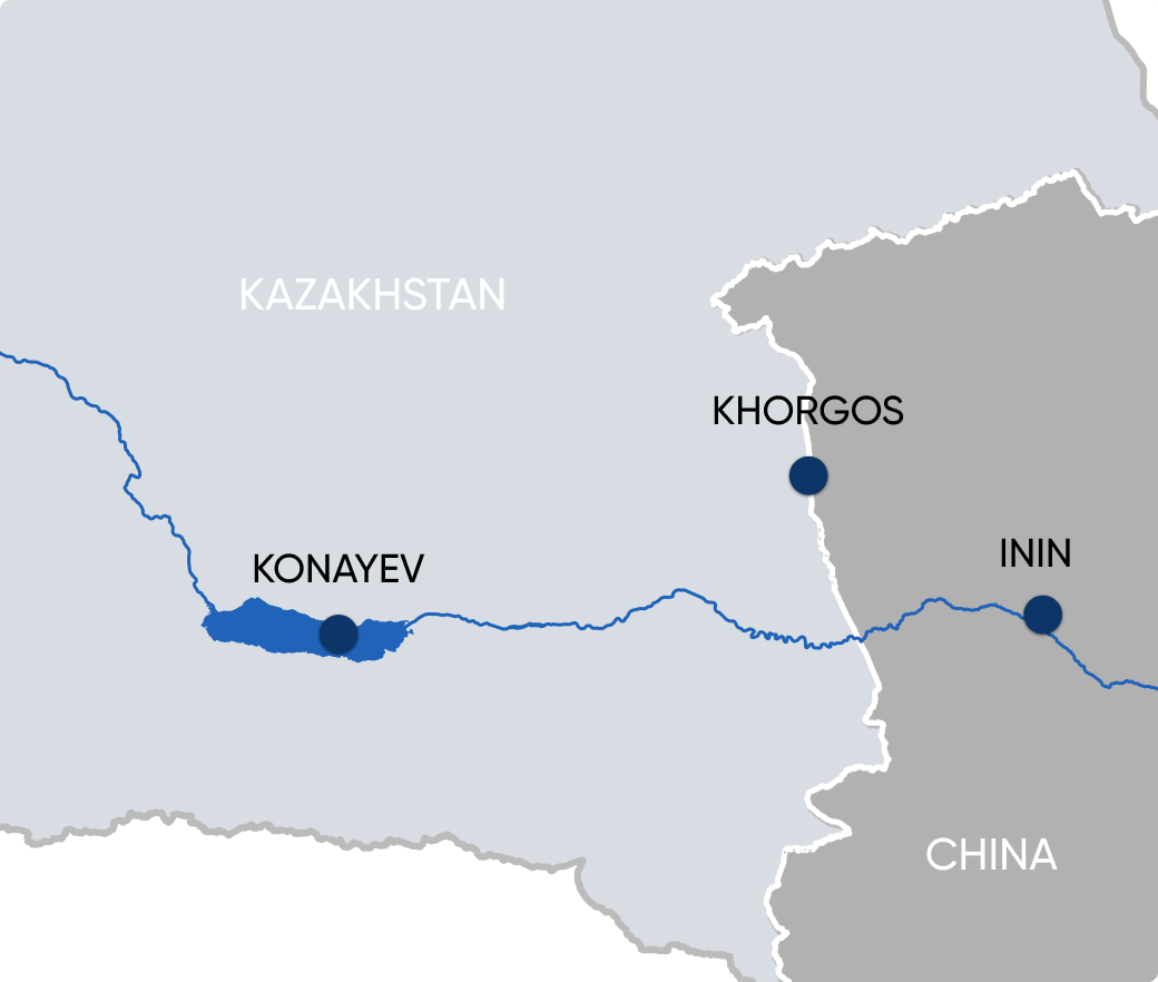 伊犁河线路地图：从中国伊宁（Inin）经霍尔果斯至哈萨克斯坦科纳耶夫（Konayev）。
